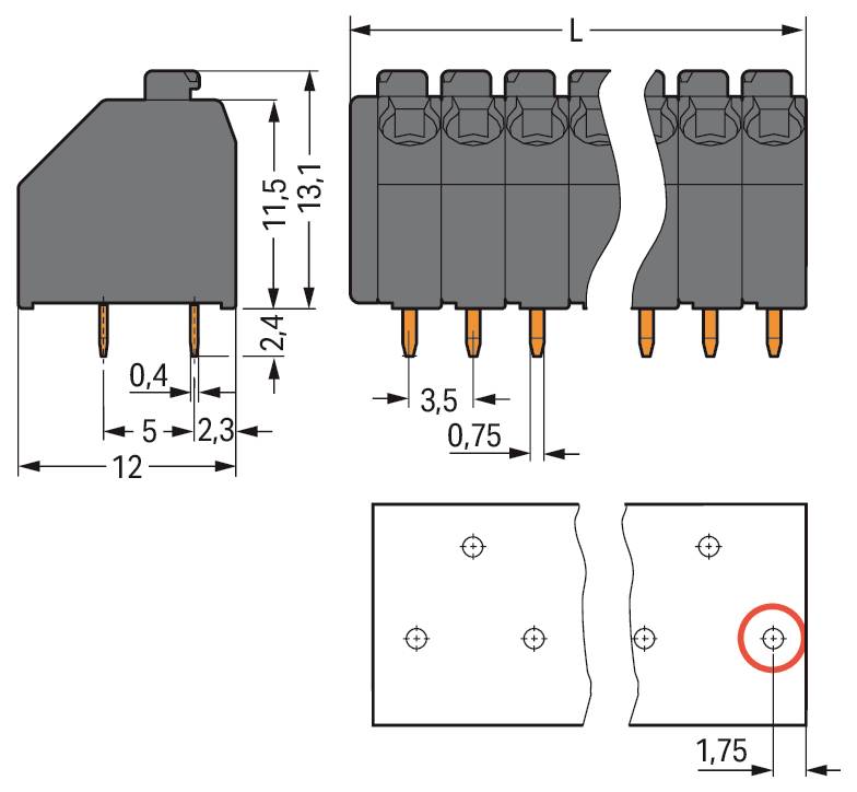Technisches Schaltplan eines fünf-Positionen-Anschlussblocks mit Abmessungen. Vorderansicht zeigt Stiftabstand und Höhen; Bodenansicht zeigt Befestigungslöcher.