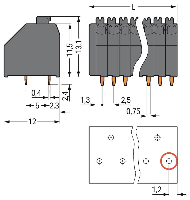 Technische Zeichnung einer elektrischen Komponente mit Abmessungen in Millimetern. Zeigt Stiftanordnung und Messungen für die Installation.