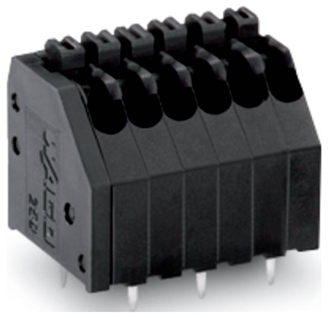 Ein schwarzer vertikaler Stiftleisten-Stecker mit acht rechteckigen Löchern und Metallstiften unten für elektrische Verbindungen.