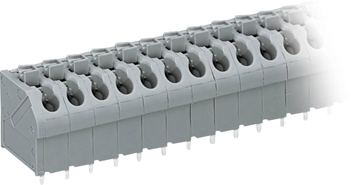 Grauer Klemmleistenblock mit mehreren Anschllusspunkten, in einer Reihe angeordnet, verwendet für elektrische oder elektronische Schaltungen.