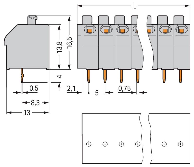 Diagramm zeigt die Abmessungen eines elektrischen Steckers: Höhe 16,5 mm, Breite 13,8 mm, Pinabstand 5 mm und Länge (L) nicht angegeben.