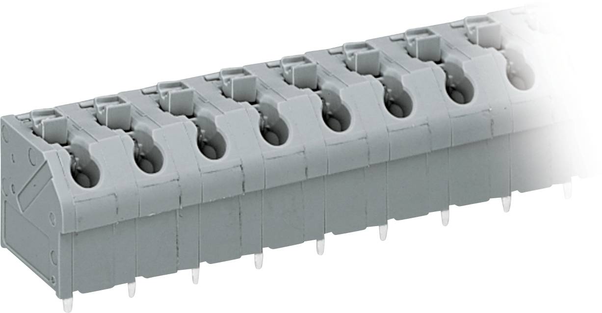 Ein grauer Elektroklemmenblock mit mehreren Anschlüssen zum Verbinden von Drähten, mit kompaktem, modularem Design, das für elektronische Anwendungen geeignet ist.