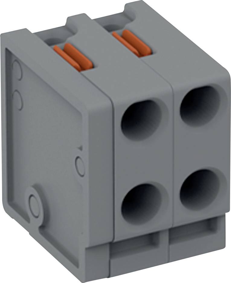 Ein graues Klemmleistenblock mit vier Anschlüssen und zwei orangefarbenen Hebeln.