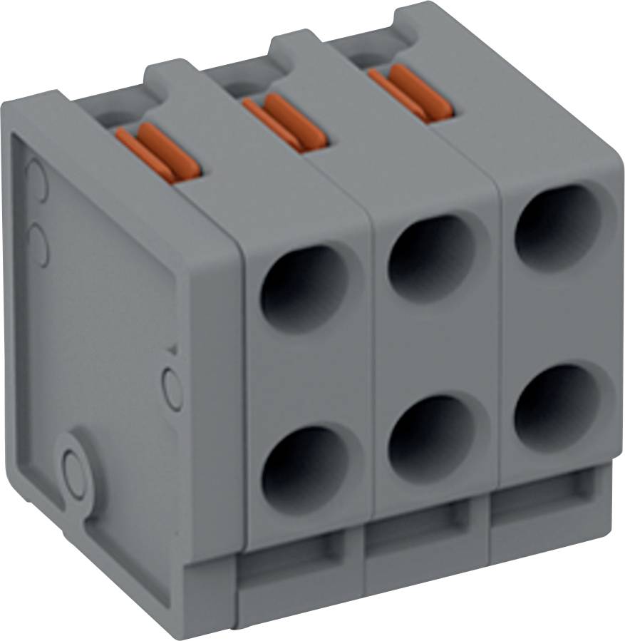 Ein grauer dreipoliger Elektrostecker mit orangefarbenen Hebeln, typischerweise zum Verdrahten verwendet.