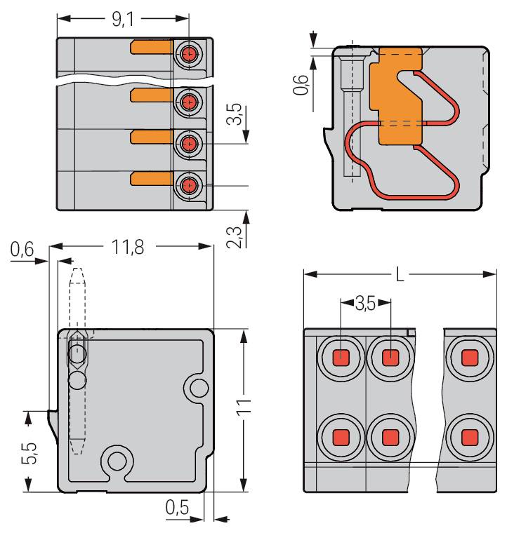 Technical diagram showing dimensions and internal wiring of an electrical connector block. Includes measurements in millimeters and wiring path.