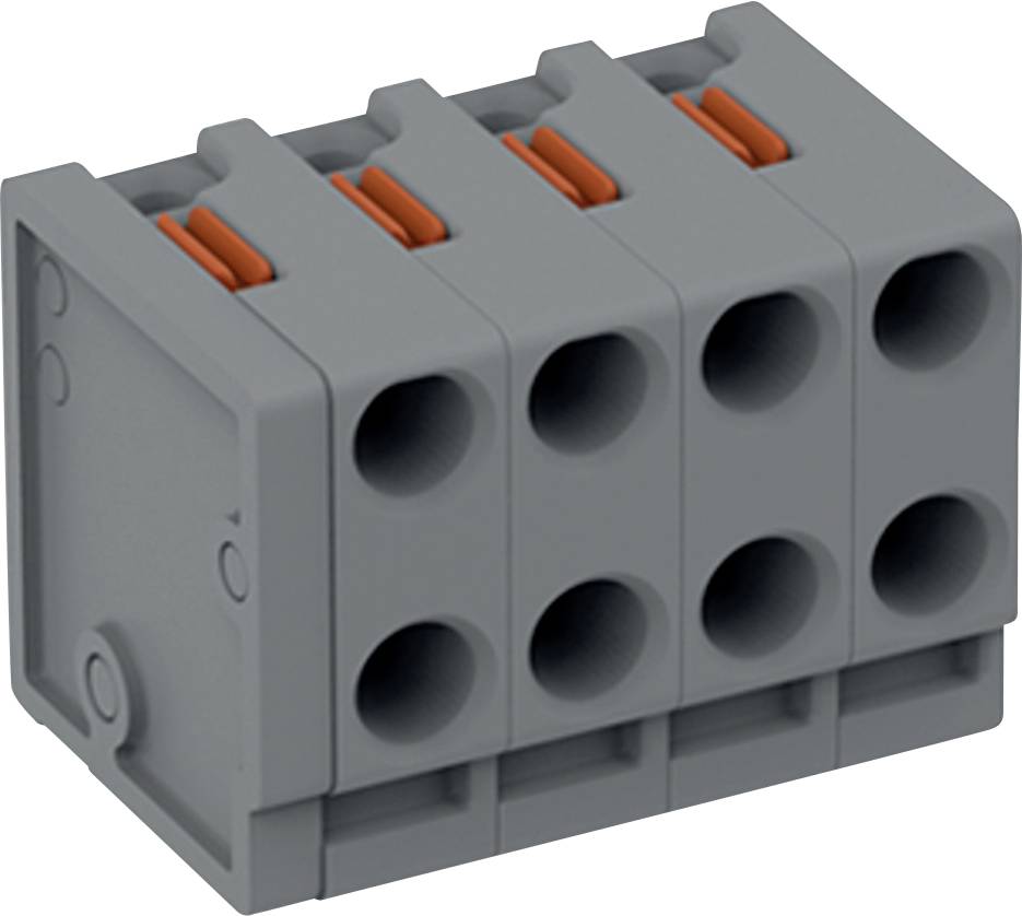 Grauer Elektroanschlussblock mit sechs kreisförmigen Bohrungen und orangefarbenen Laschen, geeignet für Kabelverbindungen in elektrischen Installationen.