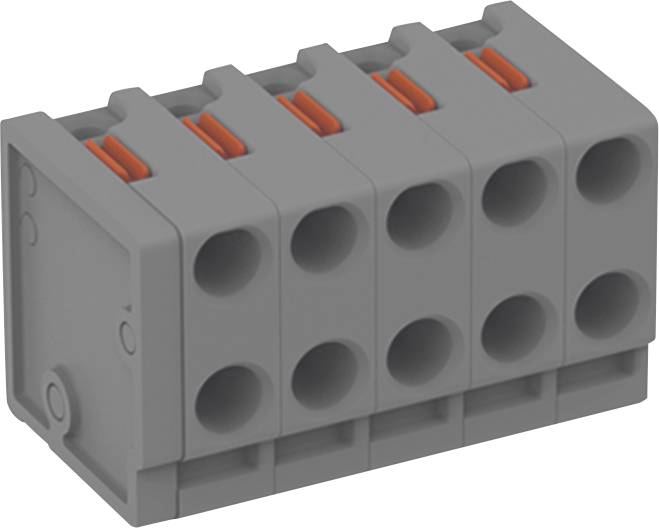 Ein grauer, fünfpoliger Elektroanschlussblock mit orangen Hebeln, der zum Verbinden von Drähten in elektrischen Schaltkreisen verwendet wird.