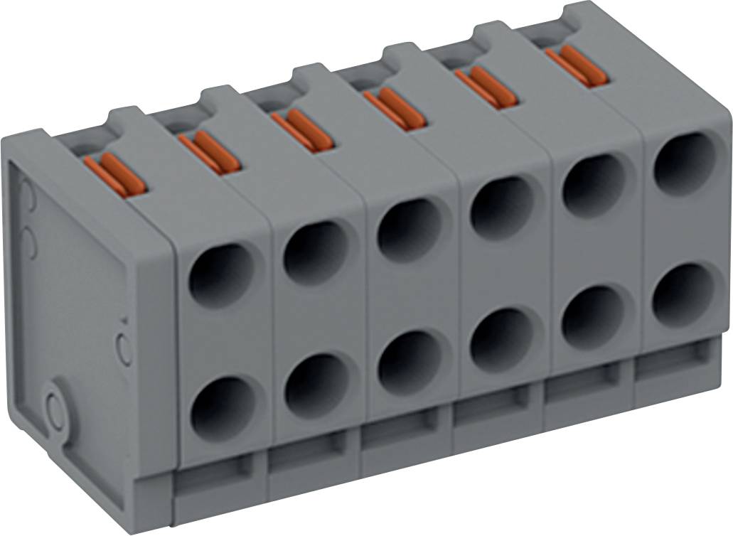 Ein graues, sechspoliges Elektroklemmenbrett mit orangefarbenen Hebeln, das zum Verbinden und Sichern von Drähten verwendet wird.