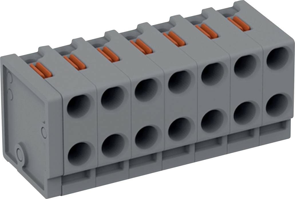 Ein grauer, rechteckiger Elektroklemmenblock mit sechs Anschlüssen und orangefarbenen Akzenten, der zum Verbinden von elektrischen Drähten in Schaltungsanordnungen verwendet wird.
