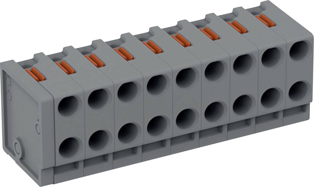 Ein grauer Klemmblock mit mehreren Anschlüssen und orangefarbenen Klemmen, der zur Verbindung von elektrischen Drähten verwendet wird.