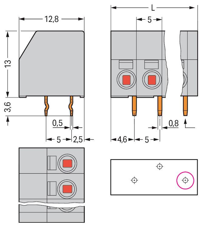 Ein technisches Diagramm zeigt eine Draufsicht und Seitenansicht eines Kunststoffelements mit Maßangaben. Die Abmessungen umfassen 19,7 Höhe und 20 Breite.