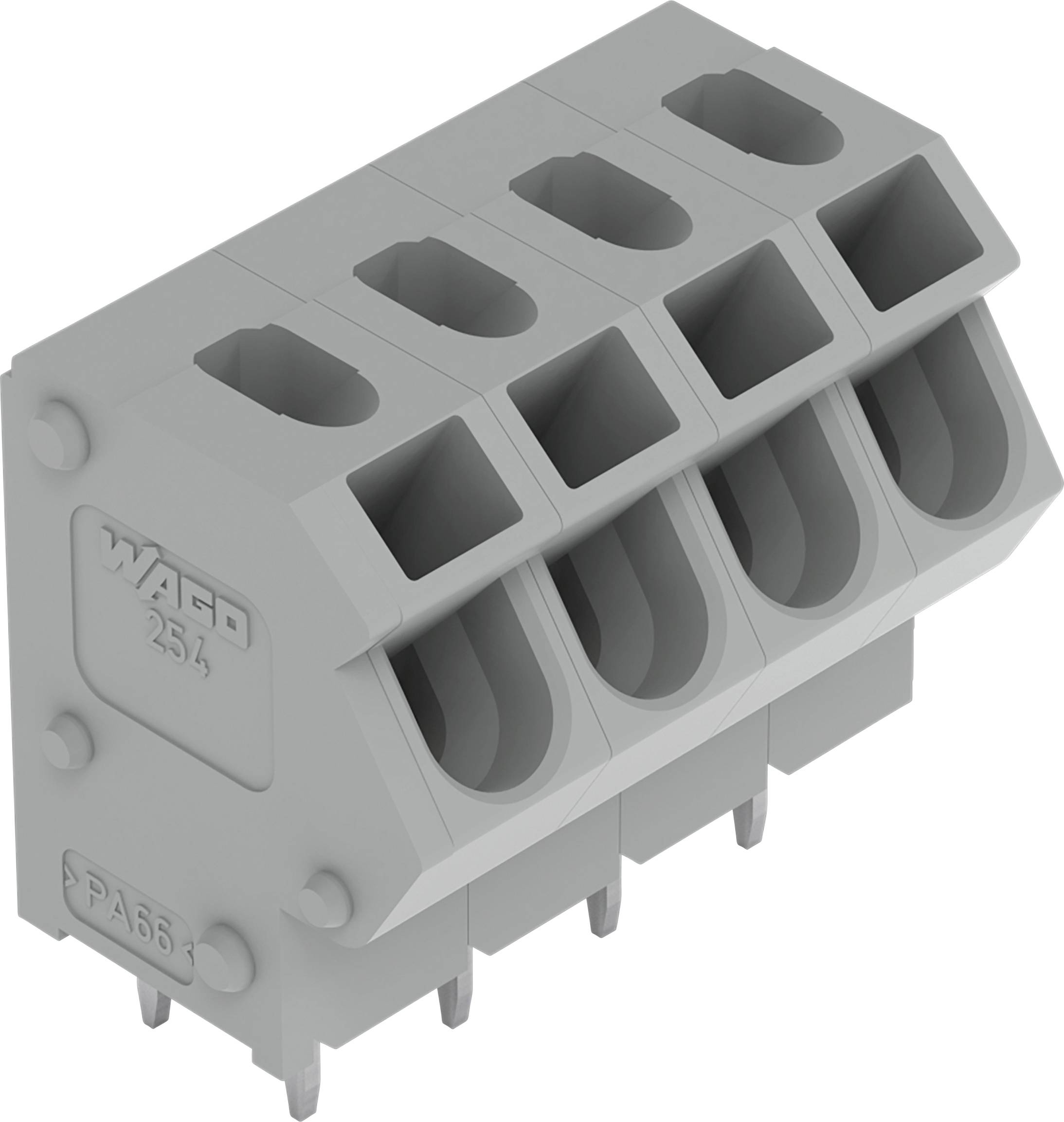 Ein graues, 5-poliges Elektroklemmenblock mit beschrifteten Abschnitten für Drahtverbindungen, konzipiert zur Befestigung auf Leiterplatten.