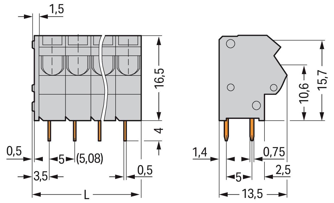 Technisches Diagramm eines vierpoligen Steckers mit detaillierten Abmessungen. Die Vorderansicht zeigt die Breite und den Pinabstand; die Seitenansicht zeigt die Höhe und die Tiefe.