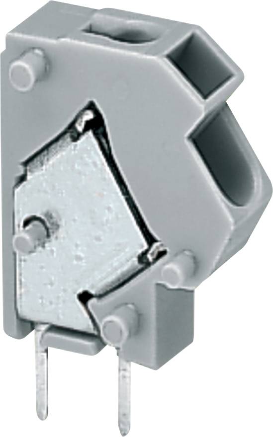 Eine kleine, graue elektrische Komponente mit zwei Metallstiften, möglicherweise ein Stecker oder eine Anschlussleiste, wird gezeigt.
