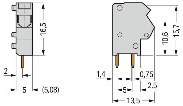 Diagramm einer elektronischen Komponente mit Abmessungen: 12,7 mm Höhe, 3,9 mm Breite, 2 mm und 0,4 mm Abschnitte sowie 3,5 mm Abstand.