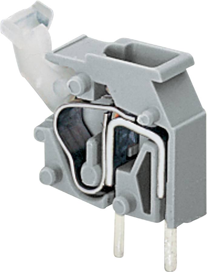 Eine graue Kunststoff-Elektrokomponente mit Metallzacken und einem internen Federmechanismus. Wahrscheinlich in elektronischen oder elektrischen Geräten verwendet.