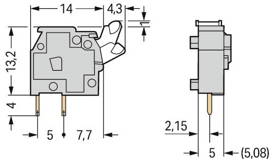 Technisches Schaltplan eines elektrischen Schalters mit Abmessungen: 13,2 mm Höhe, 5 mm Breite und 7,7 mm Tiefe, mit verschiedenen beschrifteten Messwerten.