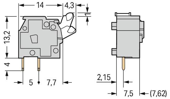 Technisches Schaltplan eines Schalters mit Abmessungen: Länge 14 mm, Breite 7,7 mm, Höhe 13,2 mm und Stiftabstand 5 mm und 7,5 mm.