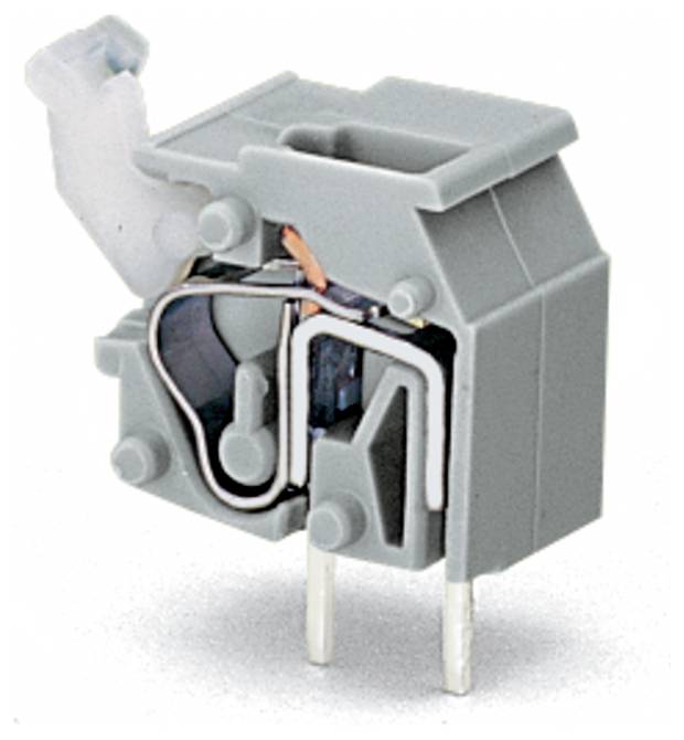 Ein kleiner rechteckiger grauer Elektrostecker oder ein Bauteil mit sichtbaren inneren Metallkontakten und Stiften, die von seiner Basis abstehen.