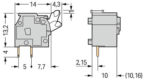 Abmessungen und Ausführung eines elektrischen Schalters mit Messangaben in Millimetern: 14x13.2x10.16. Die Stifte messen 7.7 und 2.15 mm.