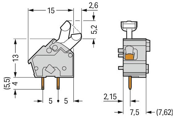 Technisches Diagramm einer elektrischen Komponente mit Abmessungen. Frontansicht: 15x5,5 mm. Seitenansicht: 7,5x5,2 mm. Stifte sind 5 mm voneinander entfernt.
