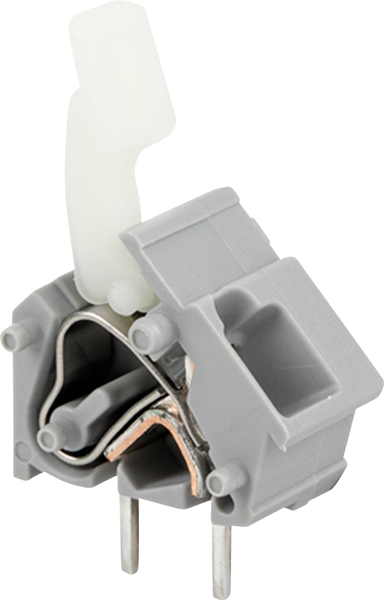 Eine grau-weiße elektrische Komponente mit zwei Metallstiften, wahrscheinlich zum Verbinden von Stromkreisen oder zum Einbau in elektronischen Geräten verwendet.