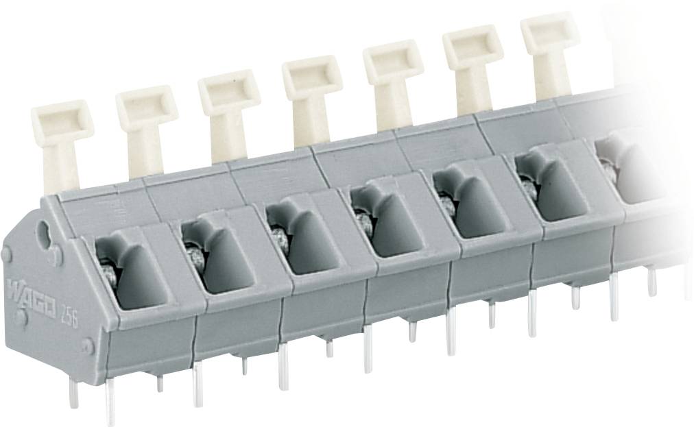 Ein grauer Elektroklemmenblock mit acht Anschlüssen und weißen Hebeln zum Sichern von elektrischen Drähten.