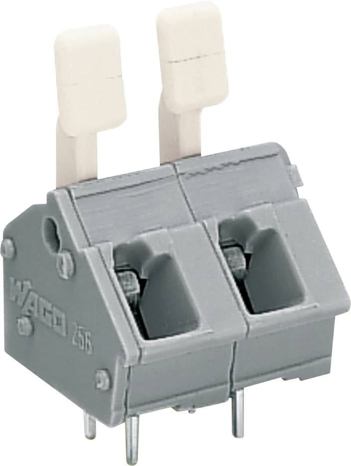 Ein grauer WAGO 256 Elektrostecker mit zwei beigen Hebeln wird aufrecht gezeigt.