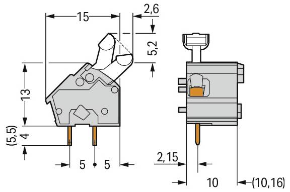 Diagramm eines elektrischen Schalters mit Maßen: Höhe 15 mm, Breite 10 mm, verschiedene innere Komponenten und Abmessungen gekennzeichnet.