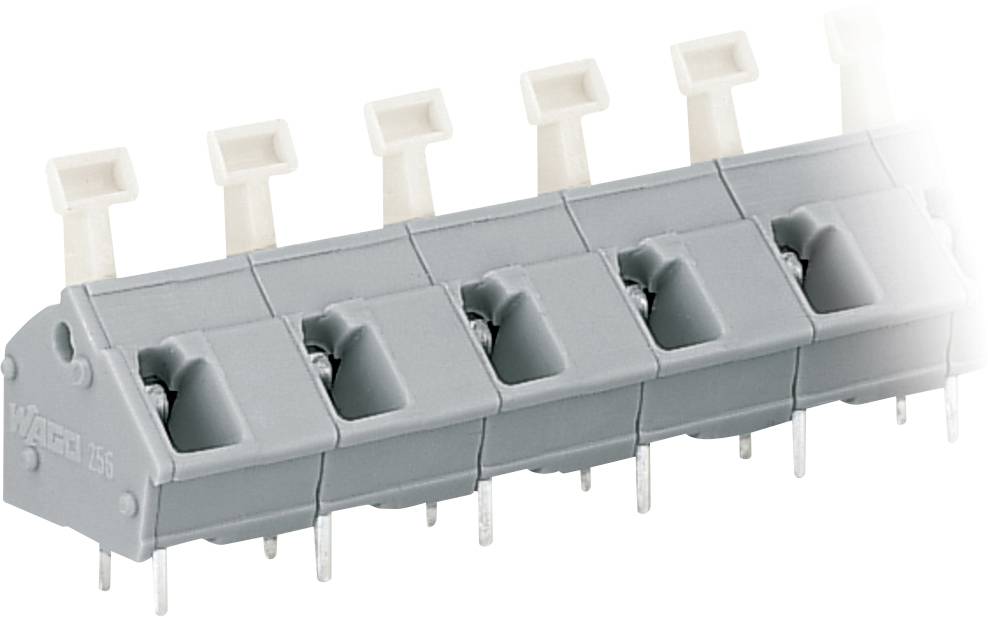 Ein grauer, rechteckiger Elektroanschlussblock mit sechs Schlitzen und weißen Hebeln zum Sichern von Drähten. Er verfügt über Metallstifte zum Löten.