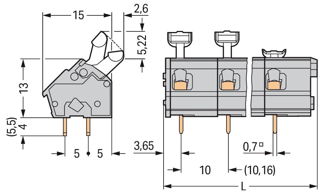 Technische Zeichnung eines Steckers mit Abmessungen: Höhe 13 Einheiten, Breite 15 Einheiten, Längenvariationen 5, 10, 10,16 Einheiten. Umfasst Stifte.