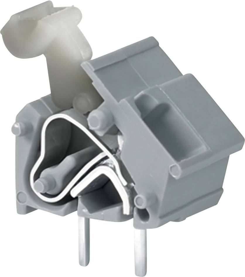 Eine Nahaufnahme eines grauen Elektrosteckers mit einem Hebel zum Sichern von Drähten, die den inneren Mechanismus und zwei Metallstifte für Verbindungen zeigt.