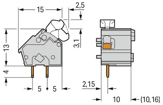 Technisches Diagramm mit Abmessungen einer elektronischen Komponente: Höhe 13 mm, Breite 15 mm, Pinabstand 5 mm und Tiefe 10 mm.
