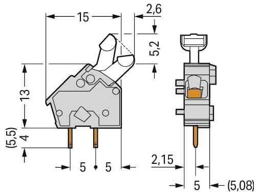 Technisches Schaltplan einer elektronischen Komponente mit Abmessungen: Höhe 15 mm, Breite 13 mm, Tiefe 5,2 mm, Steckerplatzabstand 5 mm.