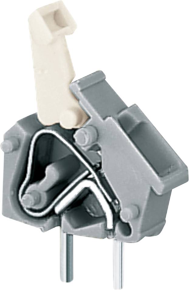 Ein grau und beige farbiger Schneid- oder Schalter-Mechanismus mit Metallverbindern, die aus der Basis hervorragen, entworfen für elektrische Systeme.