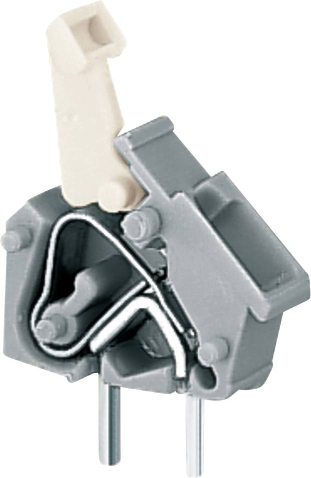 Ein grau-beiges Anschlussklemmen-Element mit zwei Metallkontakten und einem Hebel, das zum Verbinden von Drähten in elektrischen Stromkreisen verwendet wird.