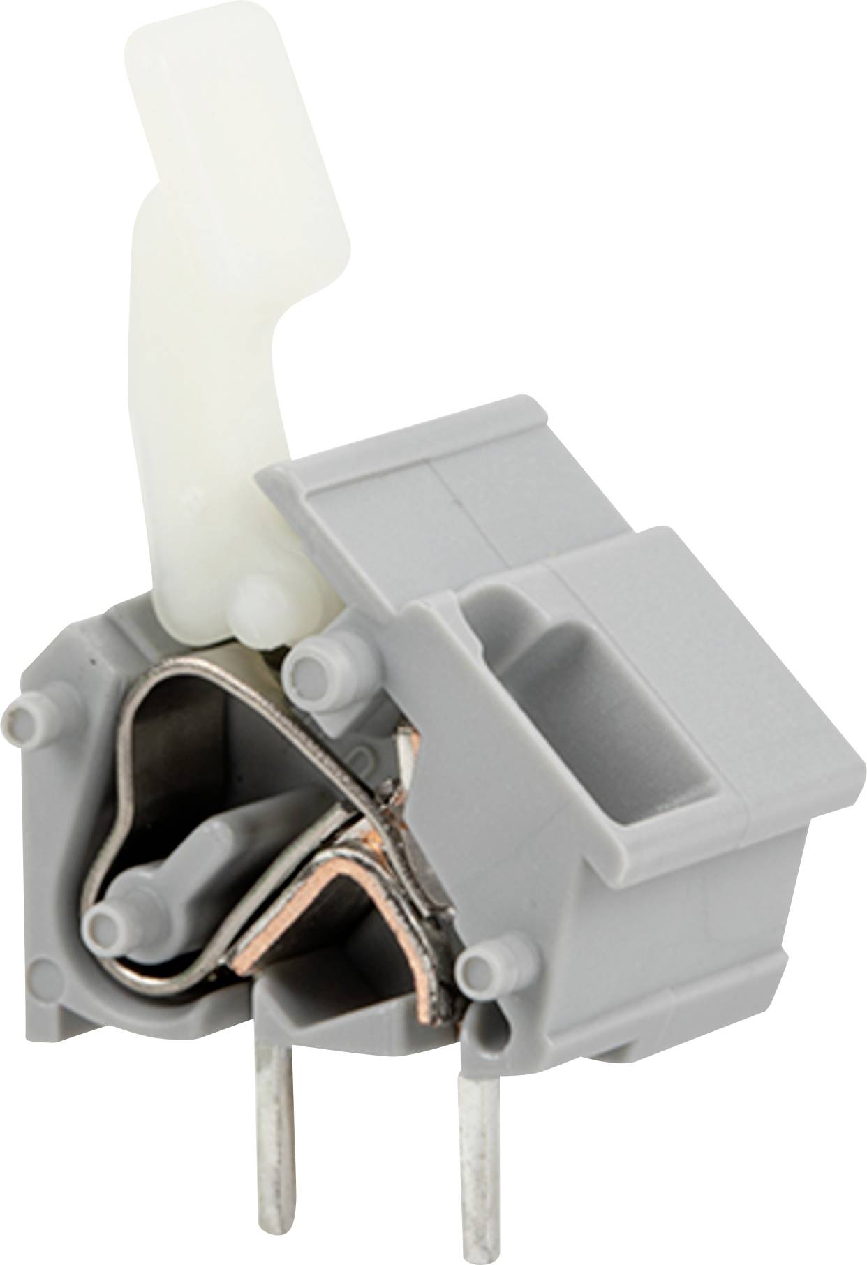 Ein grauer Elektrostecker mit einem Kunststoffhebel und Metallkontakten, der für sichere elektrische Drahtverbindungen in Schaltkreisen verwendet wird.