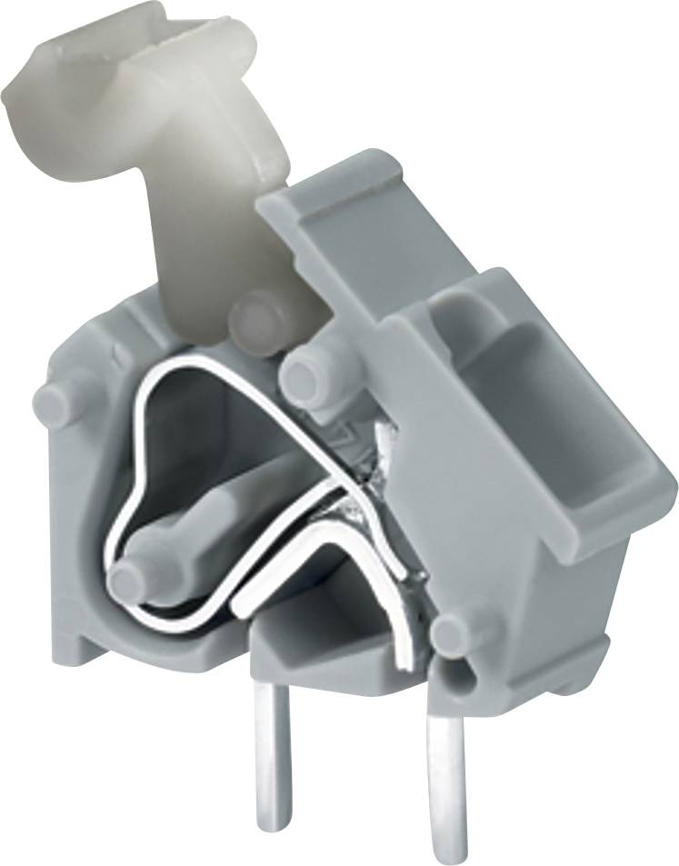 Grauer Klemmblock mit einem Hebel und zwei Metallstiften, entwickelt für elektrische Verbindungen; in offener Position dargestellt.