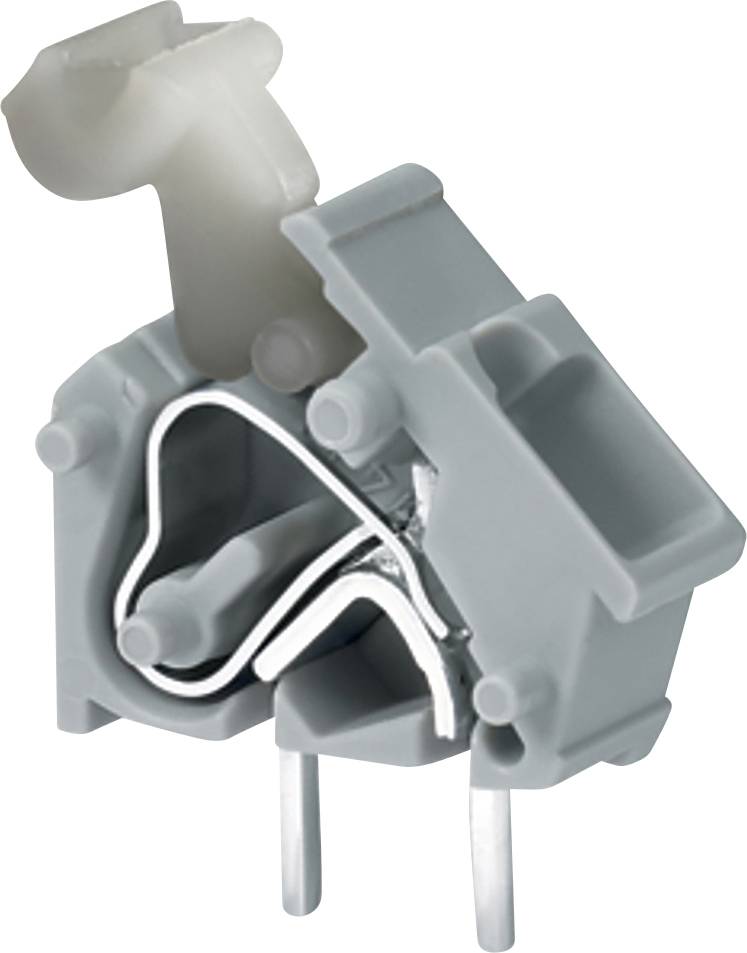 Grauer elektrischer Klemmblock mit Federklemme, entworfen für die Drahtverbindung, mit zwei Metallstiften unten zur Befestigung.