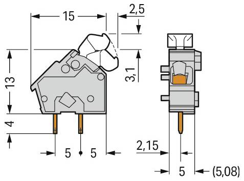 Technische Zeichnung eines Steckers mit Abmessungen: 63,5 mm Länge, 29 mm Höhe und 12 mm Breite.