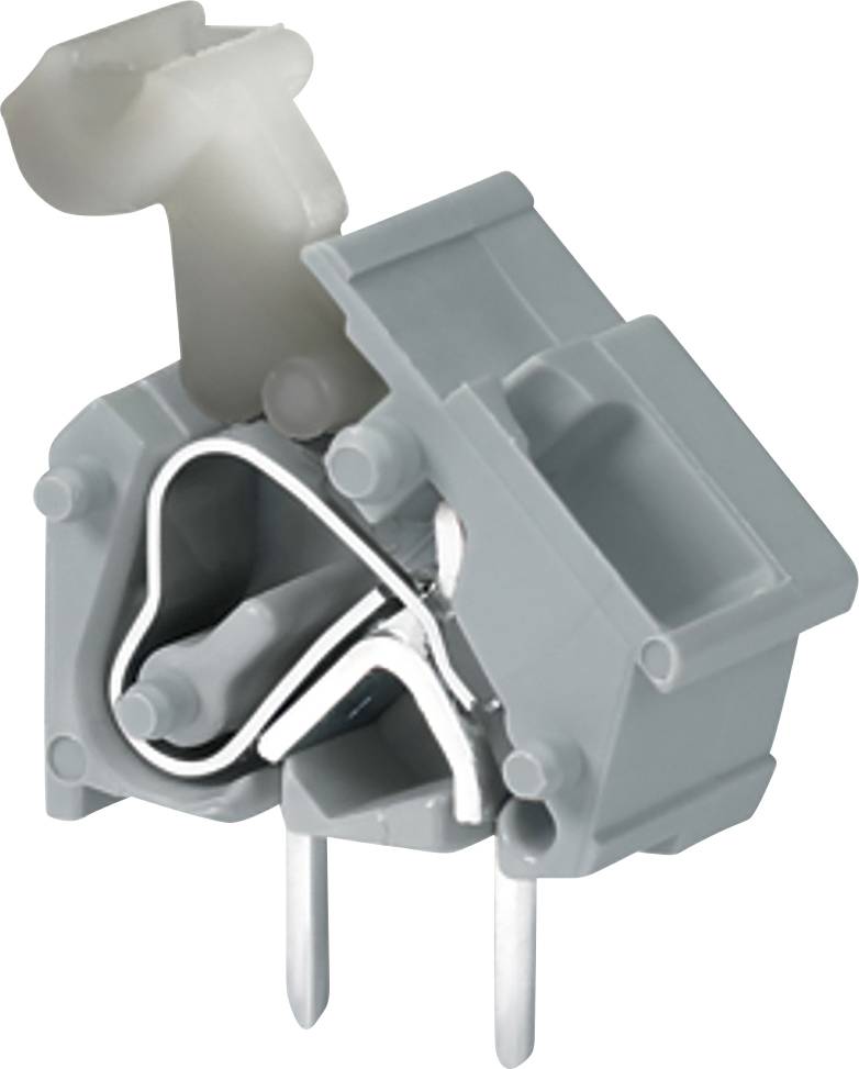 Eine graue elektrische Komponente mit nach unten verlängerten Metallstiften, mit Kunststoffgehäuse und Hebelmechanismus; wird für Verdrahtungsverbindungen verwendet.