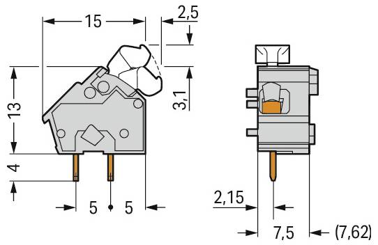 Technisches Schaubild einer Komponente mit Abmessungen: Höhe 13, Breite 15. Seitenansicht-Details: Stiftabstand 5, oberer Abstand 7,5, Seitenelement 2,15.