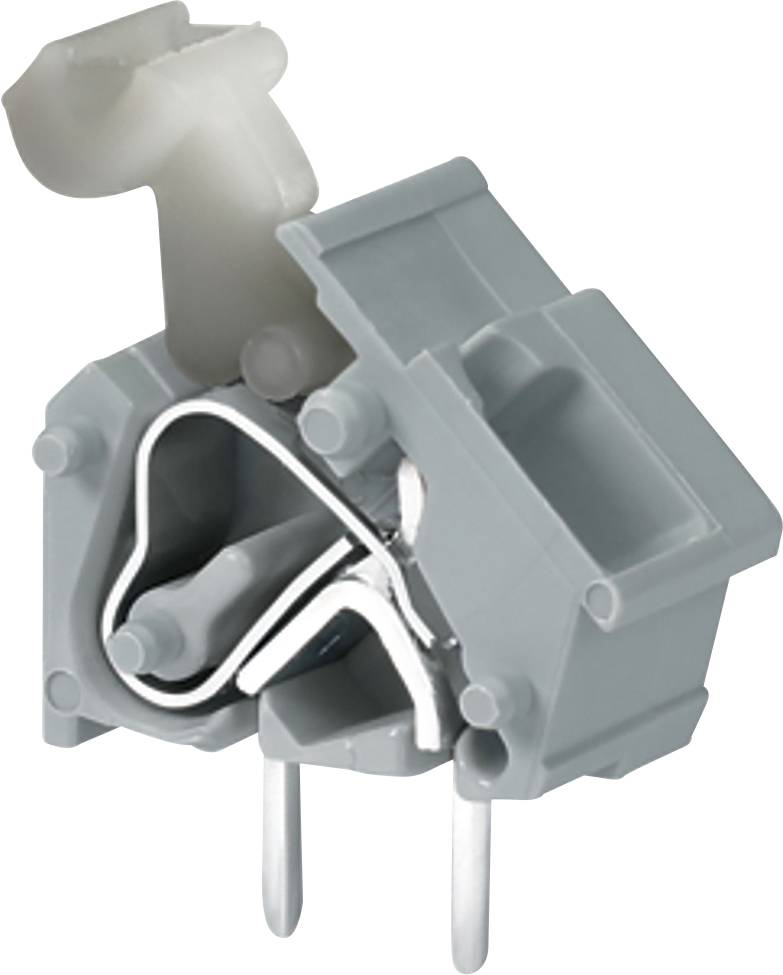 Ein grauer Reihenklemmen-Stecker mit Metallstiften und Federmechanismus, der zum sicheren Verbinden von Elektrokabeln in der Elektronik verwendet wird.