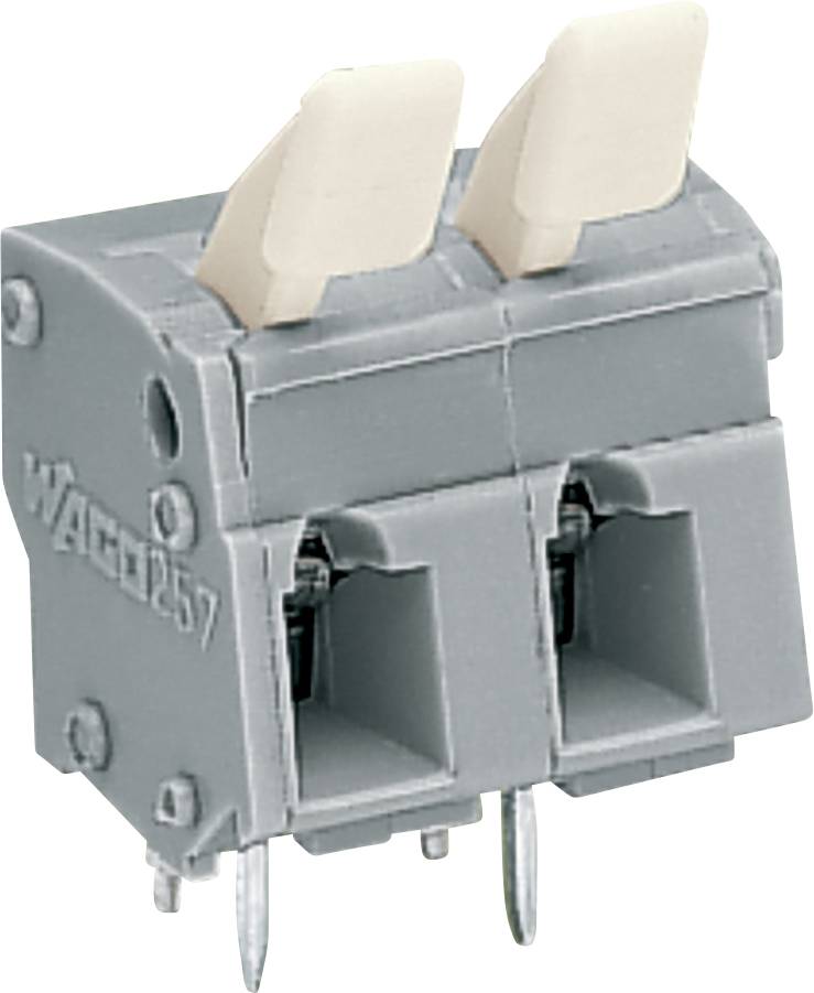 Ein grauer WAGO 257-Stecker mit zwei Hebeln zur Drahteinführung, ausgestattet mit zwei Stiften an der Unterseite für elektrische Anschlüsse.