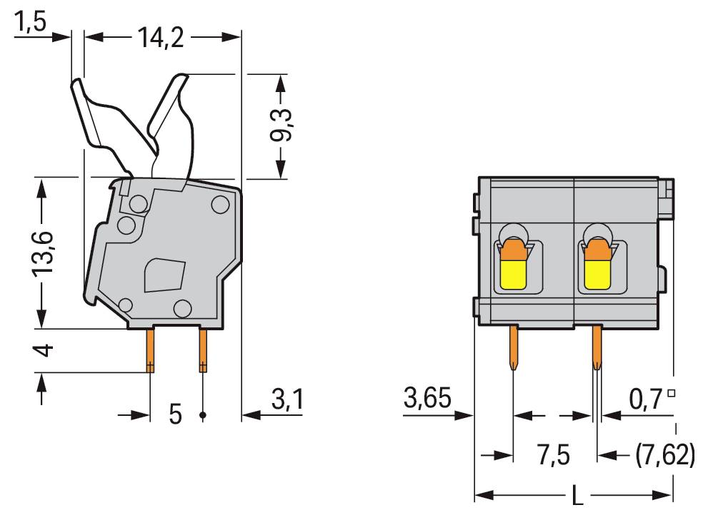 Technisches Schaltschema mit Abmessungen in Millimetern. Enthält Dimensionen: 14,2 Breite, 9,3 und 13,6 Höhe, 7,5 Tiefe.