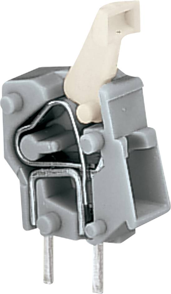Ein grauer und beiger Kippschalter mit zwei Metallstiften, entworfen für elektronische Schaltkreise oder mechanische Systeme, in einem Winkel positioniert.