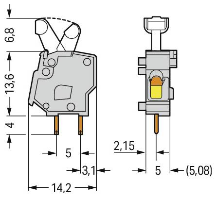 Technisches Diagramm einer Elektrokomponente mit Abmessungen: 13,6 mm Höhe, 14,2 mm Breite und verschiedenen detaillierten Messungen.