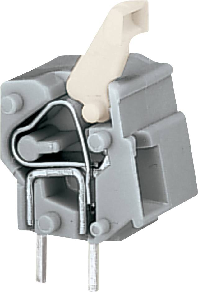 Eine kleine, graue mechanische Komponente mit einem Hebel, wahrscheinlich für Schaltfunktionen in elektronischen Geräten verwendet; mit sichtbaren Anschlüssen.