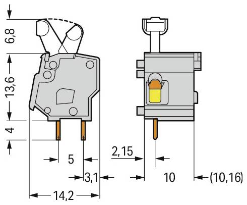 Technisches Schaltplandiagramm eines Elektroschalters mit Abmessungen: 13,6 mm mal 6,8 mm, mit Stiftabstand von 14,2 mm. Seitenansichtlänge: 10 mm.