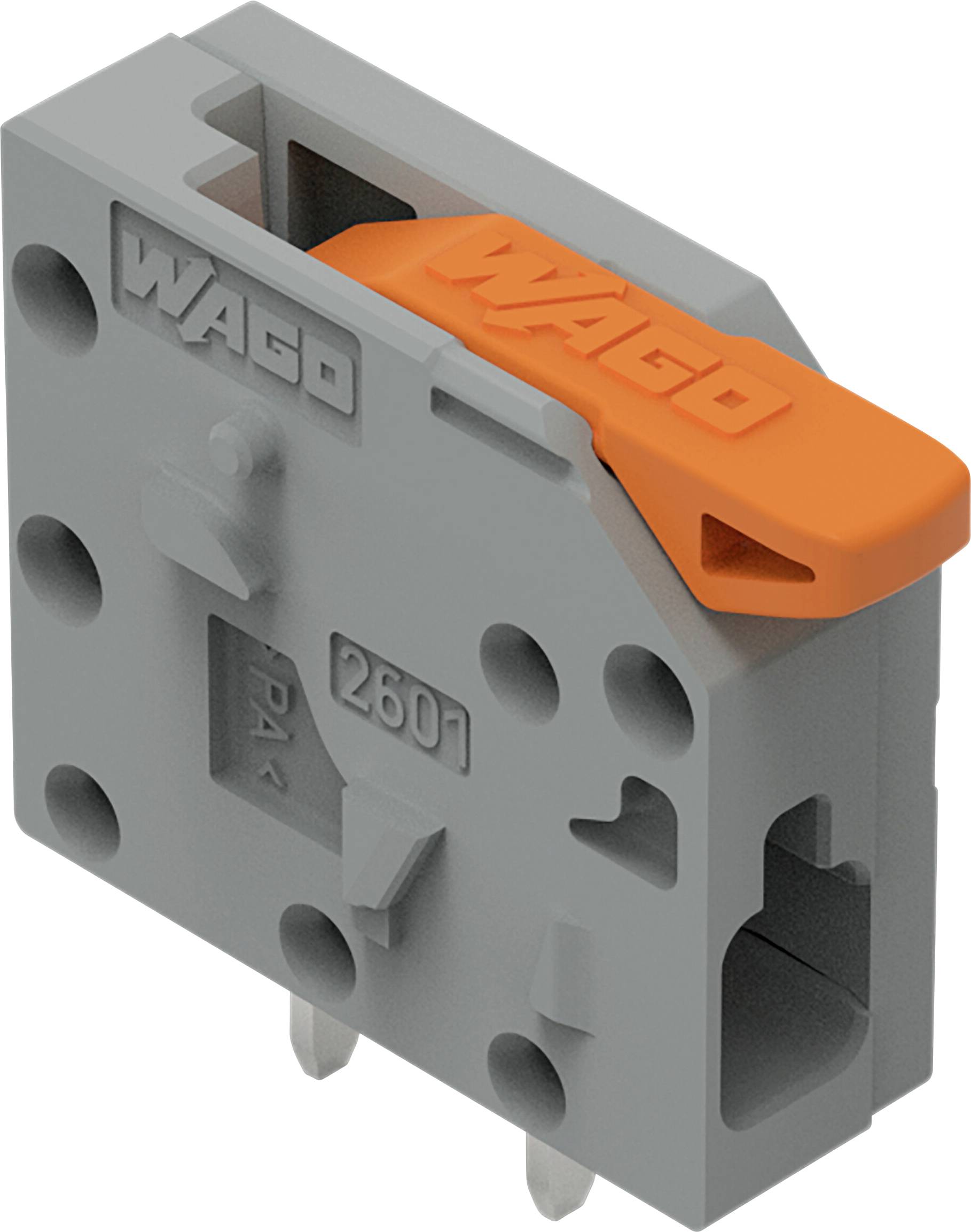 Ein grauer und orangefarbener kompakter Elektrostecker mit der Bezeichnung „WAGO